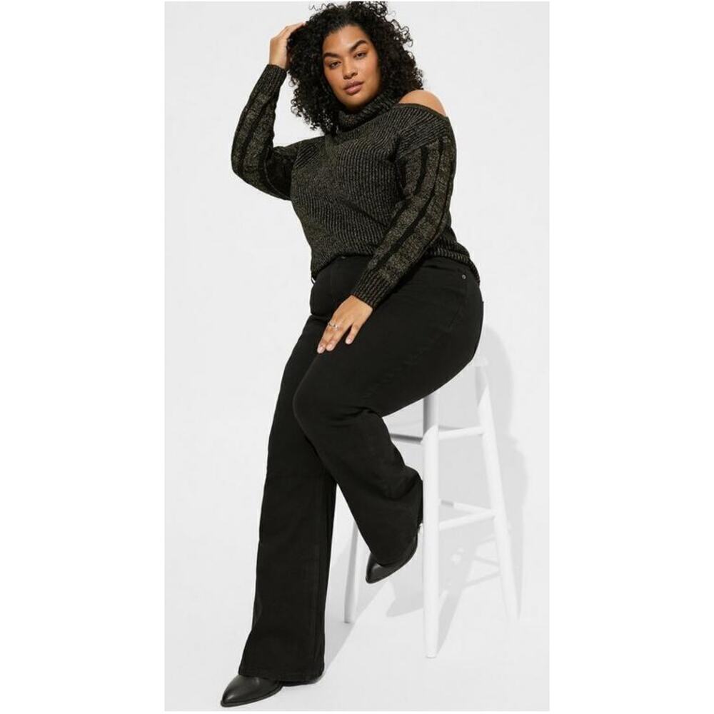 Torrid Metallic Gold Black Cold Shoulder Ribbed Turtleneck Sweater Size 2